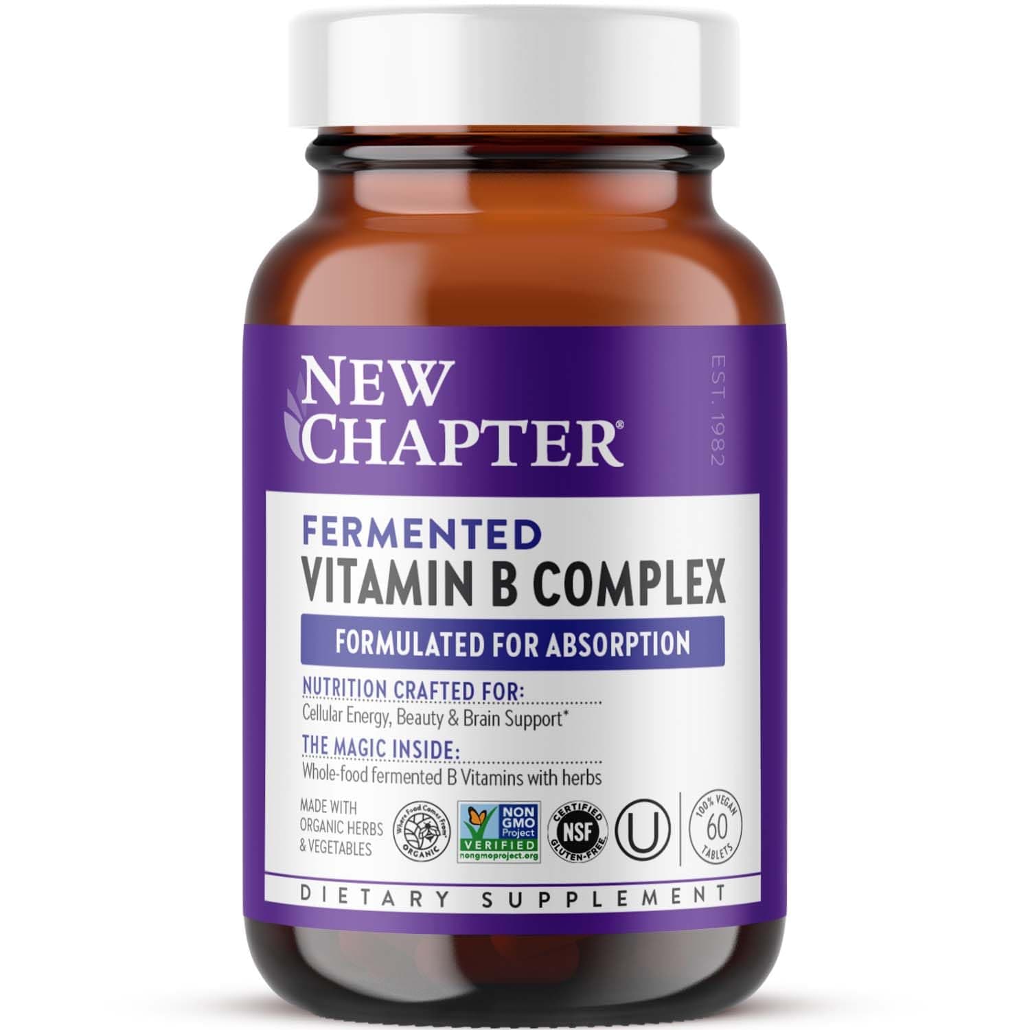 New Chapter Vitamin B Complex, Fermented Vitamin B Complex, Organic, ONE Daily with Whole-Food Herbs + Adaptogenic Maca for Natural Energy + Beauty, 100% Vegan, Gluten-Free - 60 Count