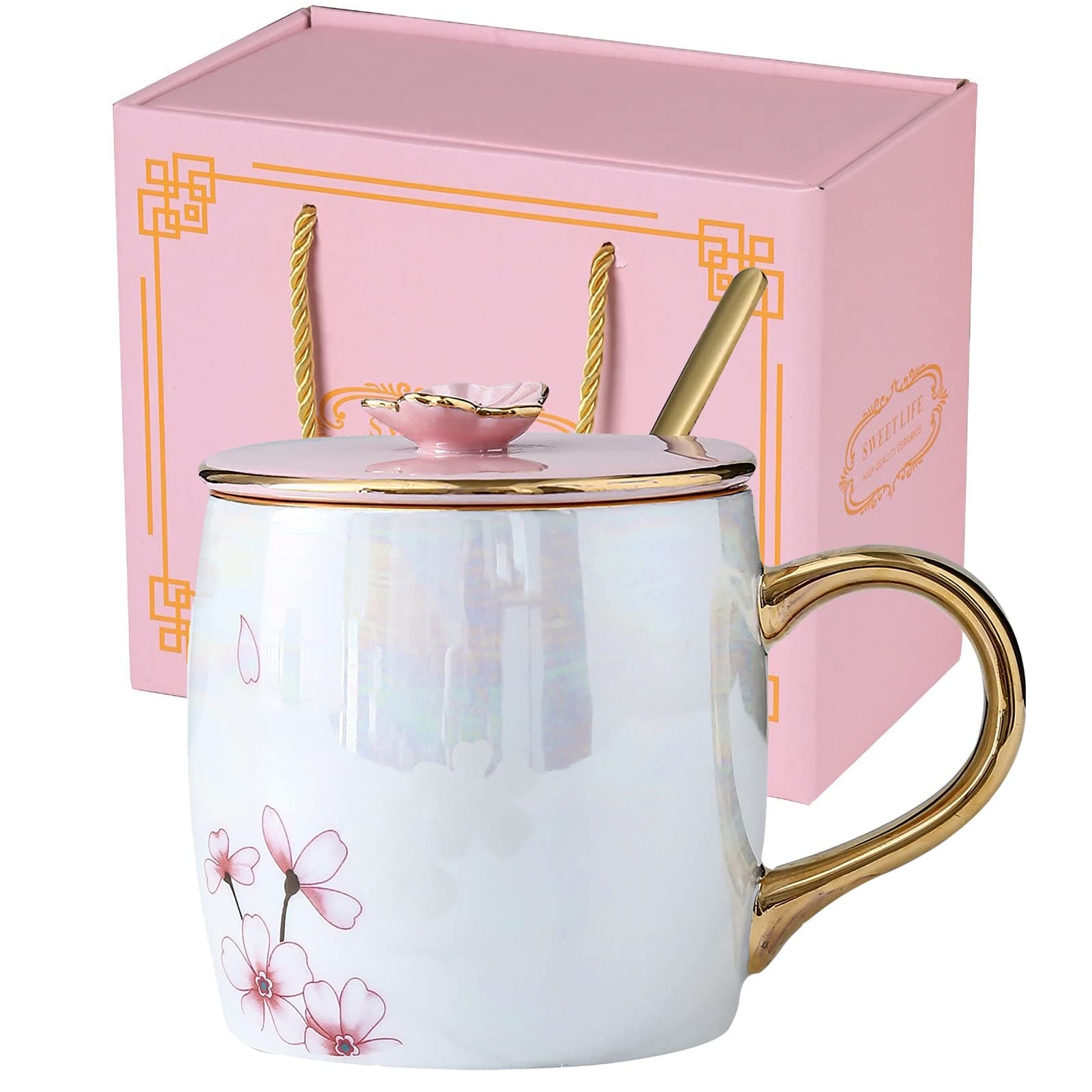 13.5oz Cherry Blossom Ceramic Mug with Lid Gold Spoon Pretty Tea Cup Coffee Mugs for Women Unique Sakura Gifts