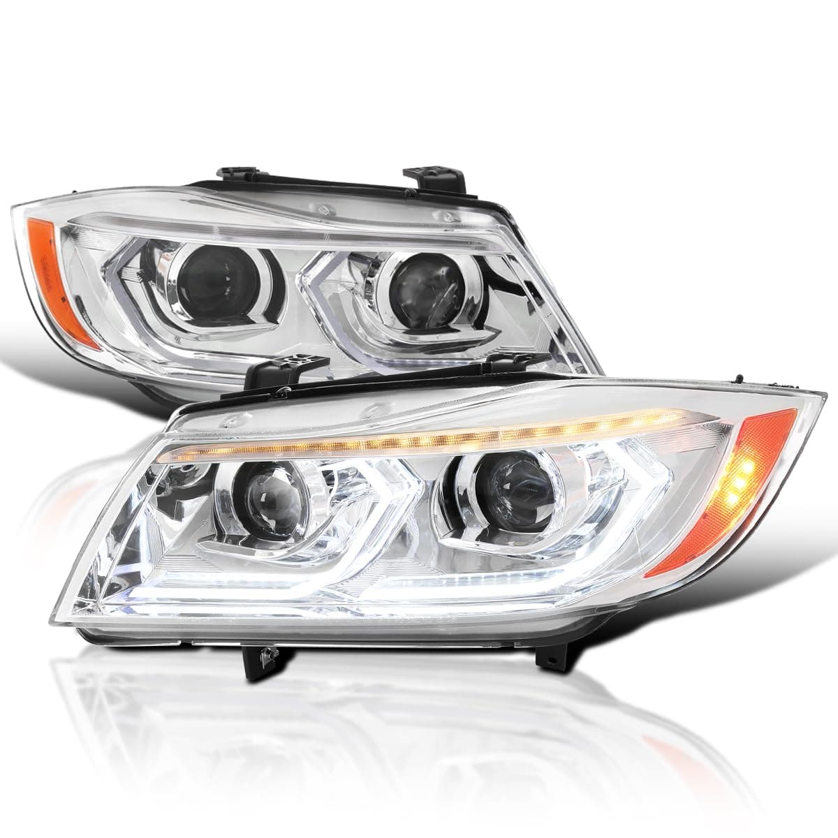 SPEC-D TUNING Chrome Dual Projector Headlights with 3D LED Tube and Startup Animation Compatible with 2006-2011 BMW 3-Series E90 Sedan/E91 Wagon, Left + Right Pair Headlamps Assembly