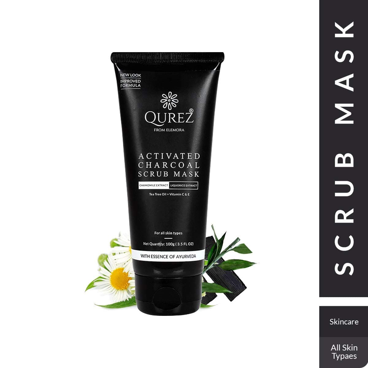 Qurez Activated Charcoal Scrub Mask Tea Tree Oil + Vitamin C & E, 100g
