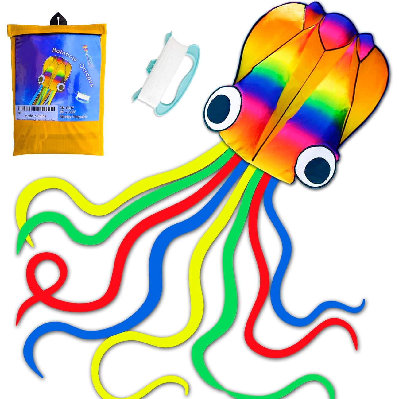 Rainbow Soft Octopus Kite for Kids and Audlts-Large Kite with 200ft Flying line-Easy to Fly Toy for Outdoor Games Beach and Activities