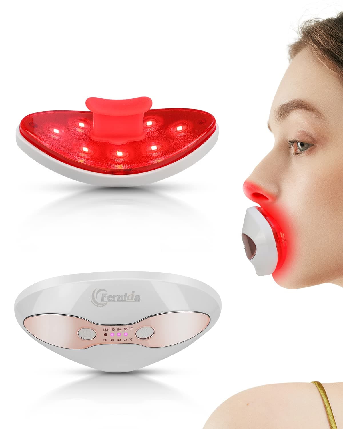 FERNIDA Red Light Device, 2 in 1 Lip and Eye Care Tool with Heated for Anti-Aging, Smooth Lip Wrinkles, Lip Plumper and Reduce Dark Circles, 4 Levels Heating Temps, White