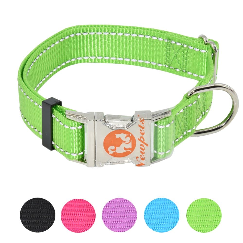 Brand 5 Colors Reflective Nylon Dog Collar with Anti-Rusting Metal Buckle for XSmall, Small, Medium, Large Dogs (Large, Green)