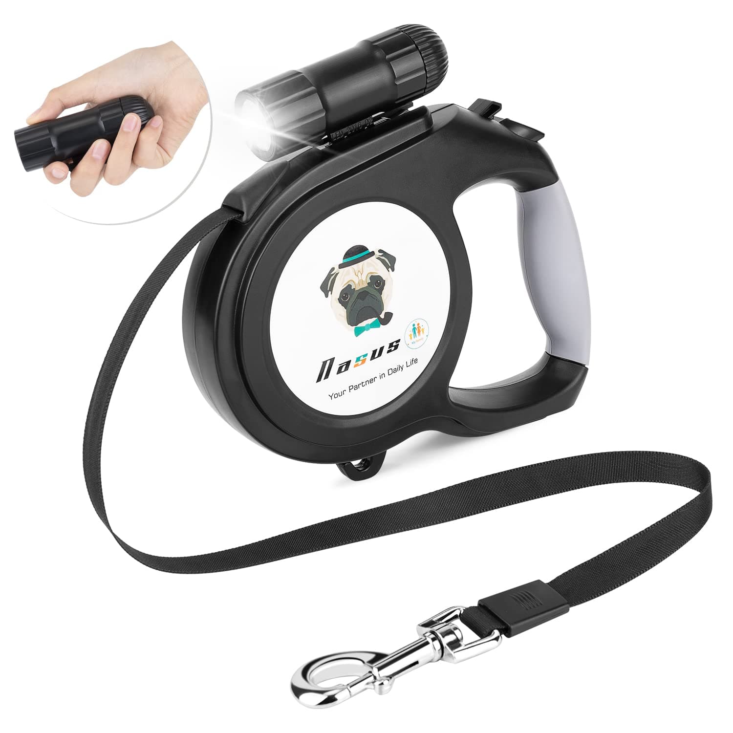 Nasus Retractable Dog Leash, 26ft Pet Walking Leash with 9 LED Detachable Flashlight for Medium Large Dog up to 100lbs, with Hand Grip One Button Brake & Lock and Hook (Black-N)