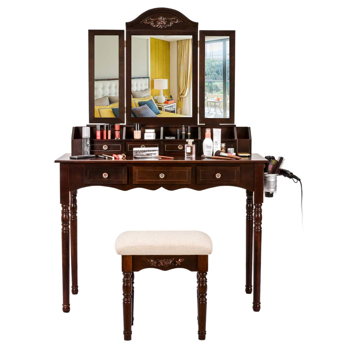 Vanity Table Set, Vanity Desk Dressing Makeup Table + Tri-Folding Mirror + Cushioned Stool + 7 Drawers Desk Organizer (Brown)