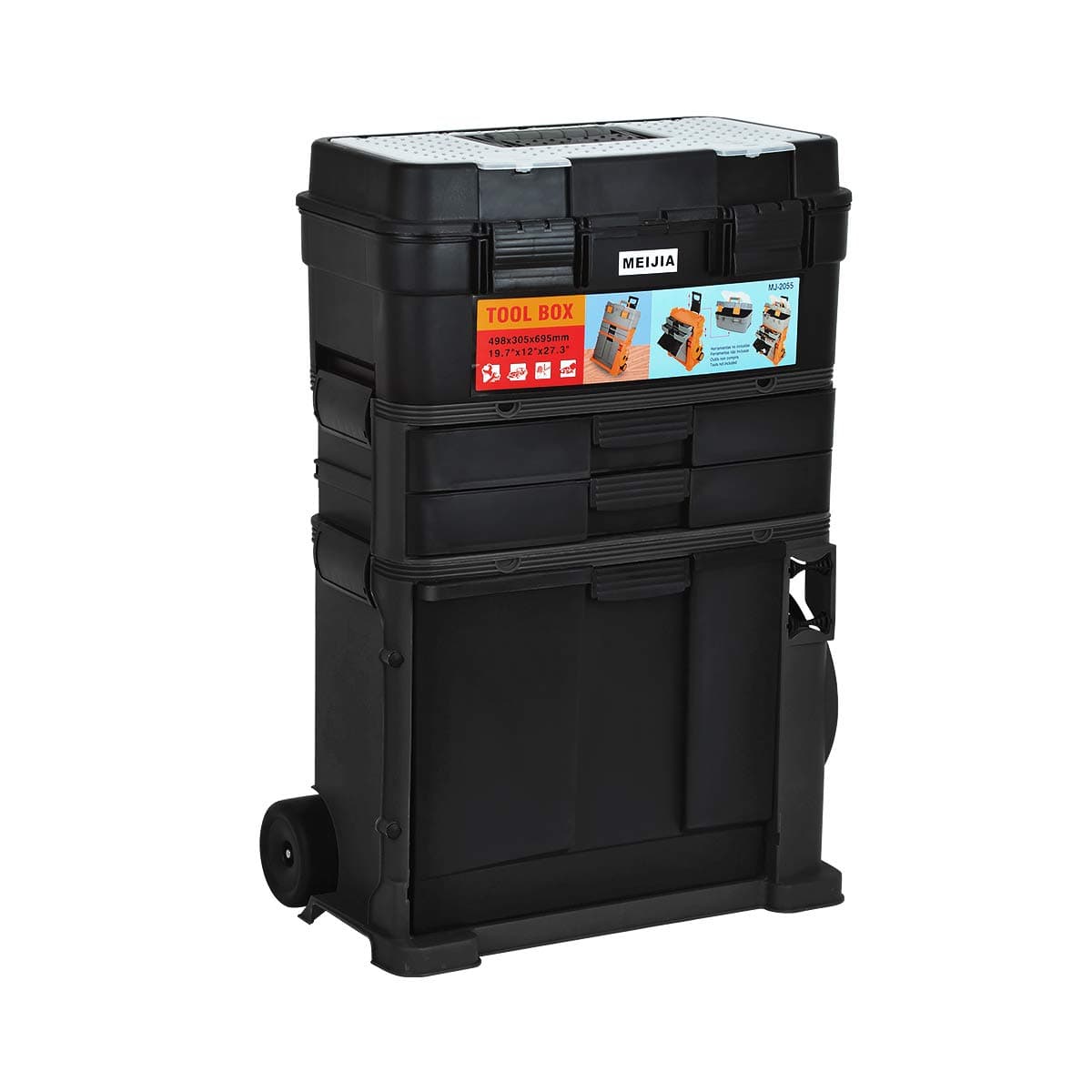 MEIJIA Heavy Duty 3-IN-1 Removable Storage Tray Rolling Toolbox With Retractable Handle, Removable Storage Tray –Chest & Cabinet Storage Box, Garage Toolbox Organizer,Black,19.1x12.40x28.03inches