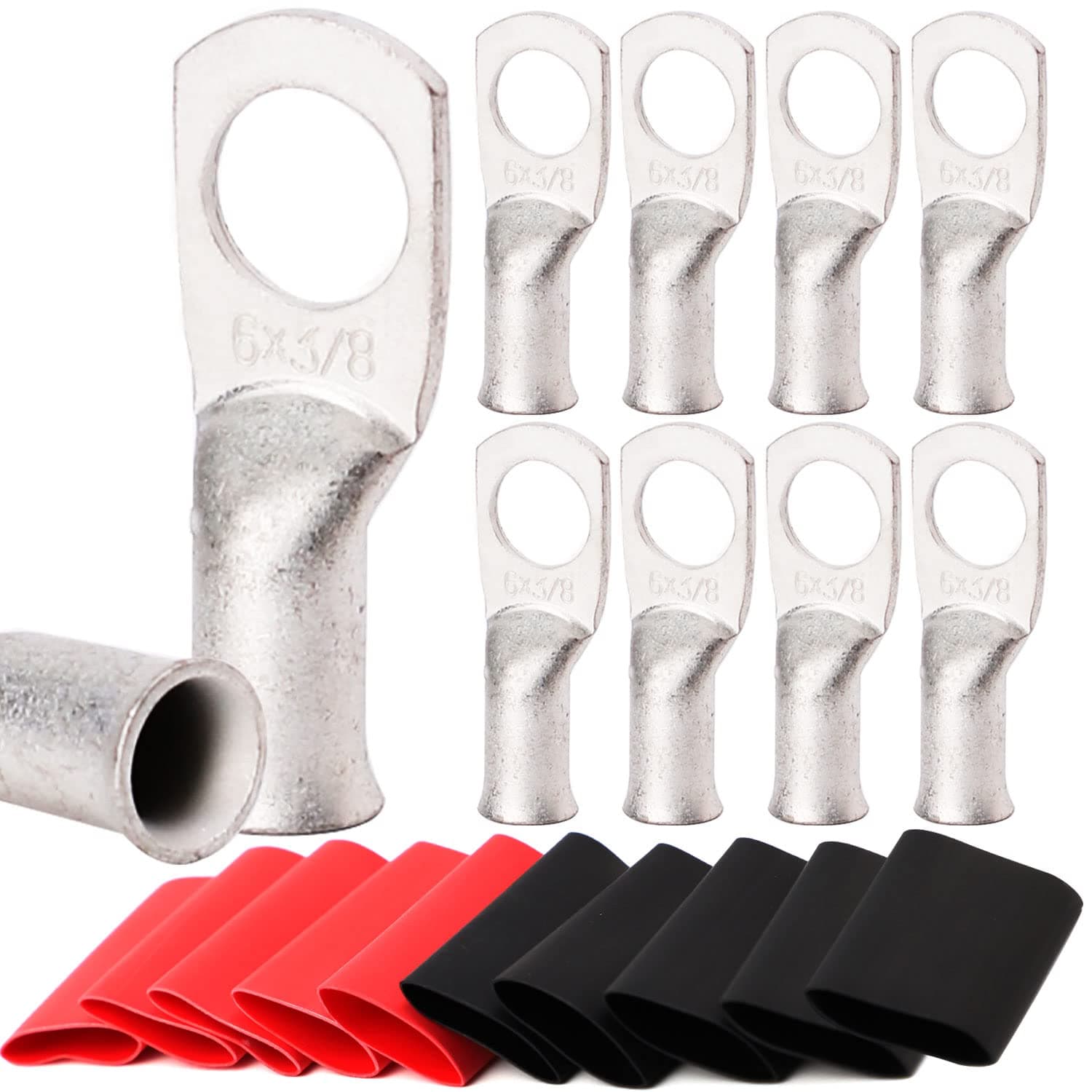 TKDMR 10pcs 6 Awg-3/8 Ring Marine Grade Copper Wire Lugs,with 3:1 Heat Shrink Tubing,UL Battery Cable Ends,Heavy Duty Cable Lugs,Tinned Copper Eyelets,Tubular Ring Terminals