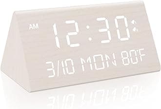 Kogonee Wooden Digital Alarm Clock, 0-100% Brightness Dimmer & Volume, Temperature Detect, Date, Weekday/Weekend Mode, Dual Alarm, 9 Mins Snooze, 12/24H, Wood LED Clock for Bedroom, Bedside (White)