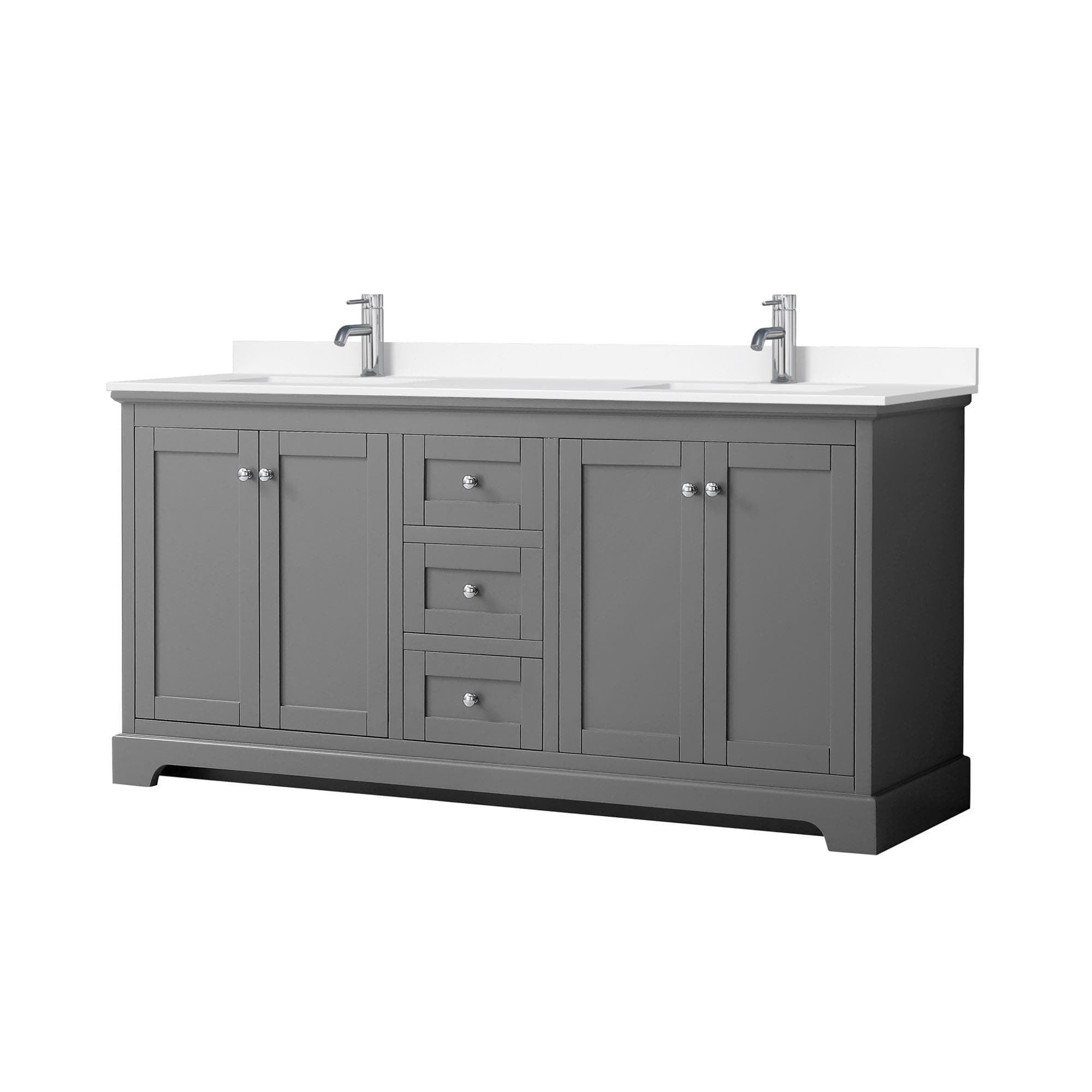 Avery 72 Inch Double Bathroom Vanity in Dark Gray, White Cultured Marble Countertop, Undermount Square Sinks, No Mirror