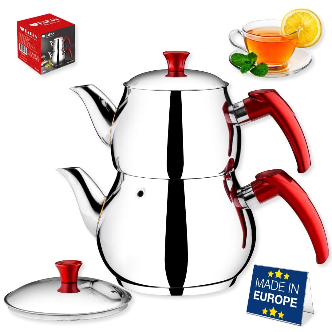 Hakan Stainless Steel 2 L, 67 Oz, Mini Double Bondy Tea Pot Set with Self Strainer Double Lids, Turkish Samovar Style Teapot Set, Tea Kettle for Loose Leaf Tea with Red Bakelite Handle 2.1-Quart