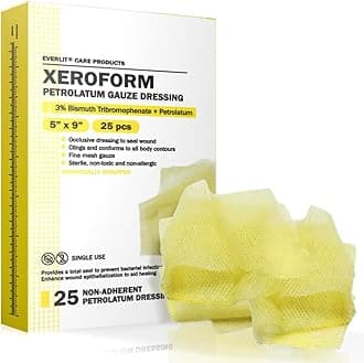 EVERLIT Xeroform Petrolatum Dressing | Sterile, Non-Adherent Occlusive Fine Mesh Gauze Pad | Non-Toxic, Gentle Patch for Burns, Laceration, Surgical Incisions & Skin Grafts (5" x 9" | Pack of 25)