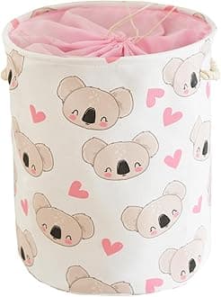 INough Baby Laundry Basket, Foldable Baby Hamper for Nursery Pink Kids Hamper with Handle Toys Storage Bin for Girls Toys Box Organizer with Drawstring Closure, Kids Room Decor (Koala)