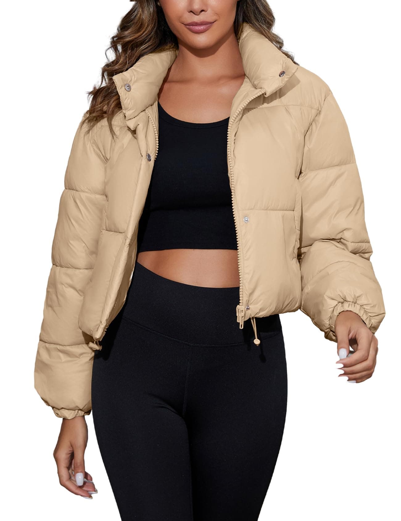 Flygo Cropped Puffer Jacket Womens Winter Warm Water Resistant Long Sleeve Bubble Coats with Pockets