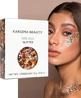 KARIZMA Rose Gold Glitter. 10g Chunky Face Hair Eye and Body Sparkles for Women. Rave Festival Accessories, Cosmetic Makeup. Loose Glitz Set