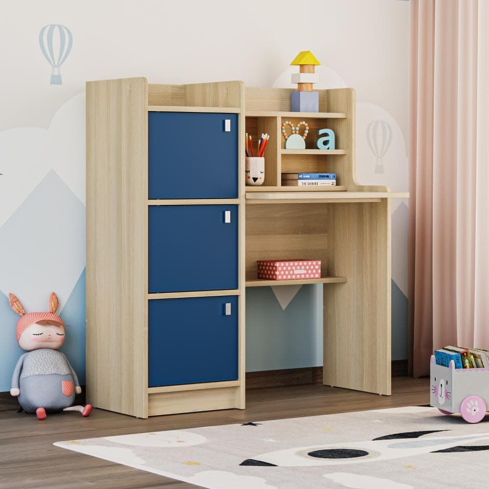 Wakefit Kids Study Table with Storage | Wooden Study Desk for Kids with Bookshelf & Cabinet | Study Table for Students | Writing Table for Kids 5-12 Years | Doo (Moldau Acacia, Maple & Blue)