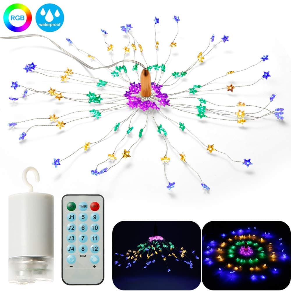 INDARUN String Lights Fairy Star-Shaped Waterproof Multicolor Dimmable Battery Powered Firework Lights with Multiple Working Modes & Controlling Ways & Hanging Hook for Yard Garden Wedding Party