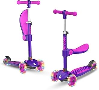 KS2 Kick Scooter for Kids with Removable Seat and Adjustable Height, Foldable Kids Scooters with Light Up 3 Wheels for Girls and Boys Ages 2-8