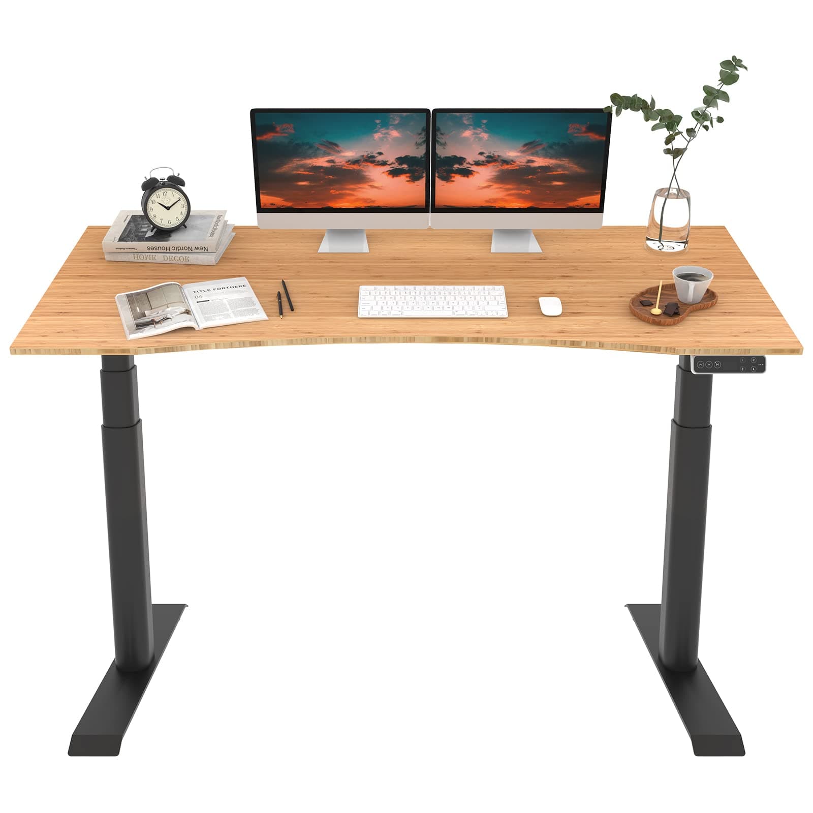 FLEXISPOT E8 デュアルモーター 3段階 竹製 電動スタンディングデスク 72x30インチ 楕円形の脚 ボード全体 高さ調整可能 デスク 電気スタンドアップデスク シットスタンドデスク (ブラックフレーム+竹カーブデスクトップ)