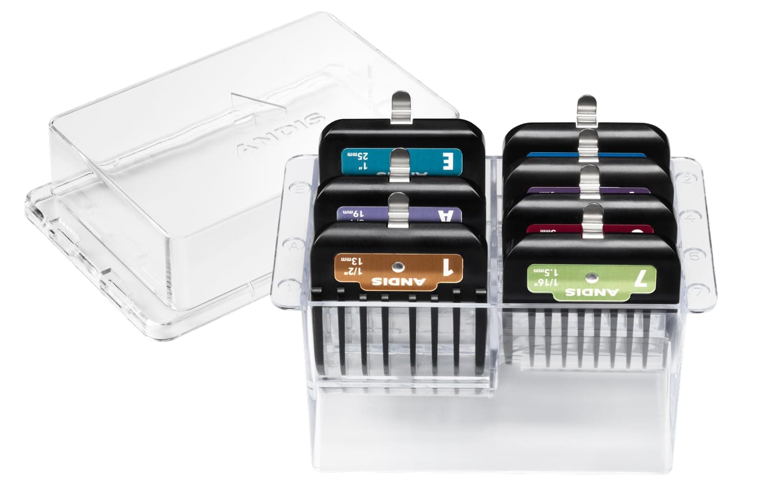 Andis 562014 Premium Clip Animal Comb Set – Built with Plastic, Includes 7 Color Coded Combs of Different Sizes, Metal Clip to Attach Comb - Fits Ultra Edge & Ceramic Edge Blades, Multicolor