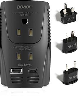 DOACE220V to 110V Converter with Type-C, 2000W Travel Voltage Converter for Hair Dryer Straightener Curling Iron, 10A Power Adapter with USB and EU/UK/AU/US Plugs for Laptop Tablet Camera Cell Phone