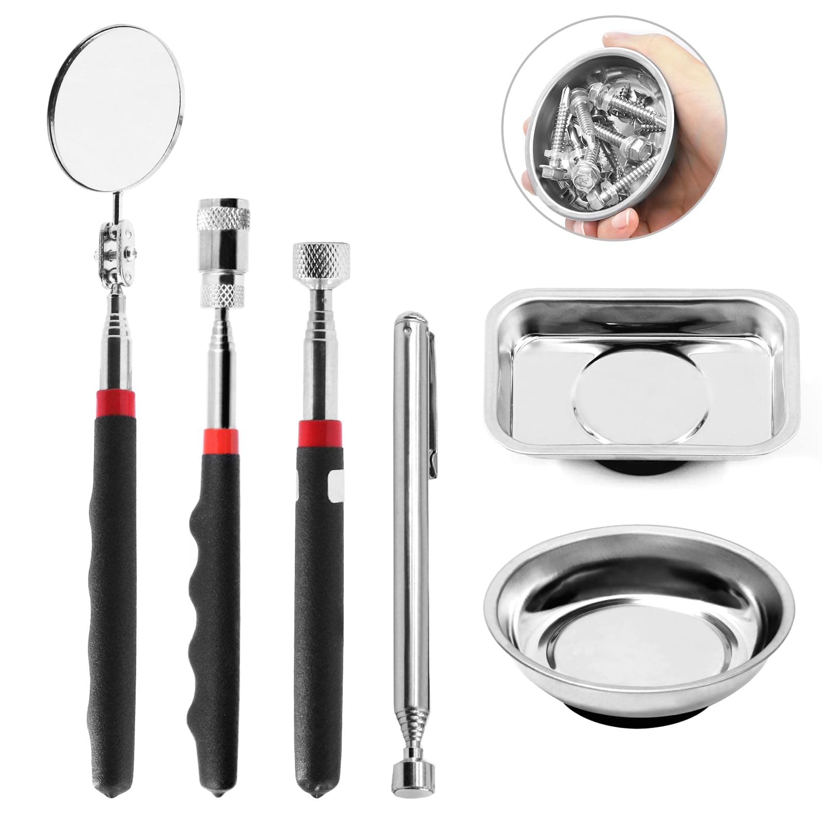 Swpeet 6Pcs Magnetic Telescoping Pick-up Tool Kit with 2 Shapes Round and Square Stainless Steel Magnetic Tool Tray Assortment Kit, Magnetic Parts Tray Holder Round Magnetic Tray for Parts