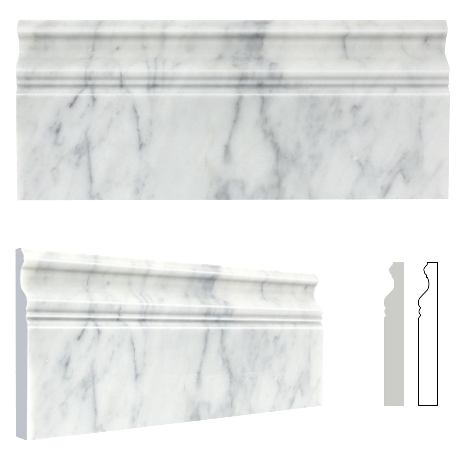 4 Pack Carrara White Marble Baseboard Trim Molding 5 x12'' Polished Wall Base Moulding for Bathroom Wall and Kitchen Backsplas