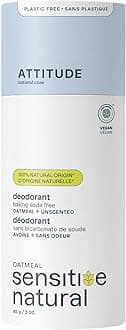 ATTITUDE Baking Soda Free Deodorant for Sensitive Skin with Oatmeal, EWG Verified, Aluminum Free, Plastic-Free, Unscented, 85 Grams