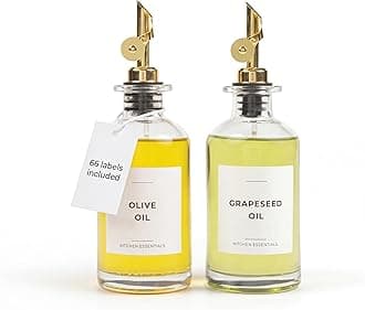 Oil Dispenser for Kitchen - Glass Olive Oil Bottle Set of 2 (11.8oz) with Gold Weighted Self-Closing Pourer - Cooking Oil Dispenser with 66 Labels, Aligner & Funnel