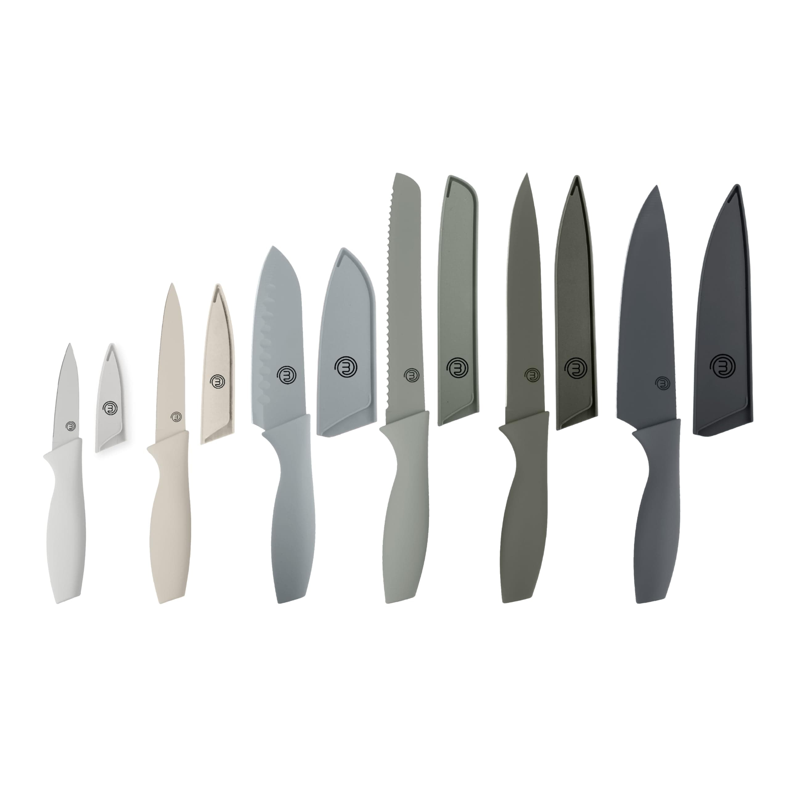 Kitchen Knife Set with Covers, 6 Professional Chef Knives for Home Kitchens, Extra Sharp Cutting Stainless Steel Blades & Protective Sheaths, Soft-Touch Easy-Grip Handles, Earth Greys