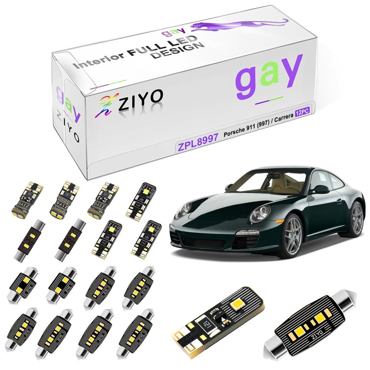 ZIYO ZPL8997 - (12 Bulbs) LED Interior Light Kit Replacement for Porsche 997 911 Carrera 2004-2012 + License Plate Light Bulbs Package, White Dome Lights Error Free