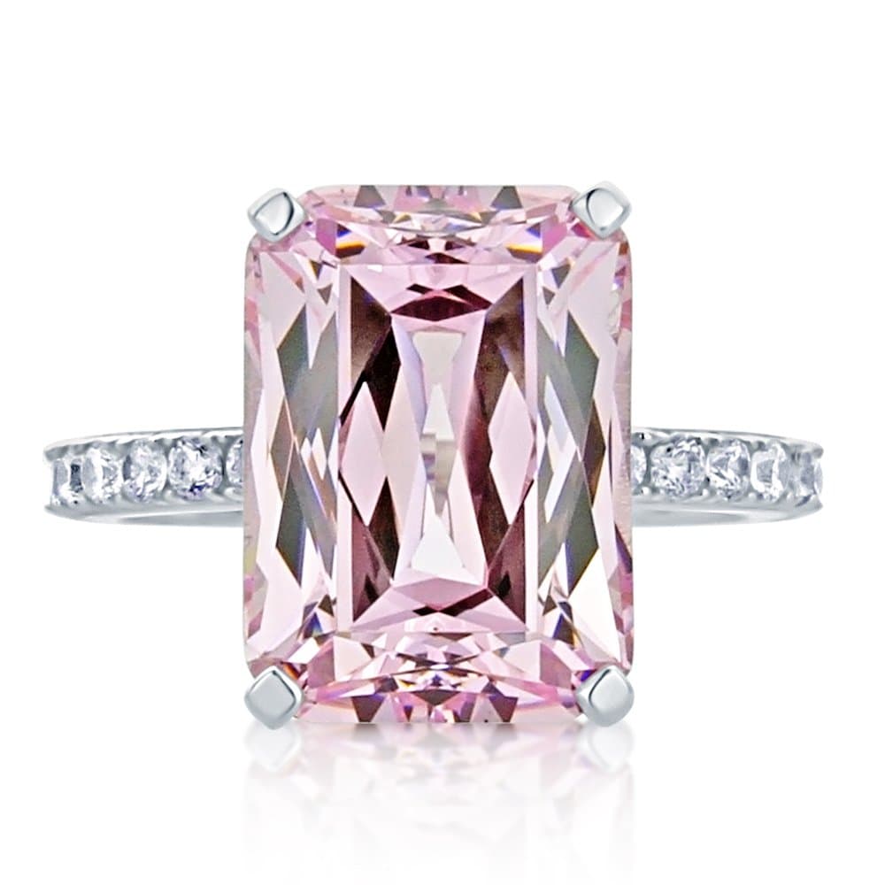 DoubleAccent Sterling Silver Ring Emerald Cut 8.5 carat Super Light Pink CZ Stone Cocktail Ring 14MM (Size 5 to 10)