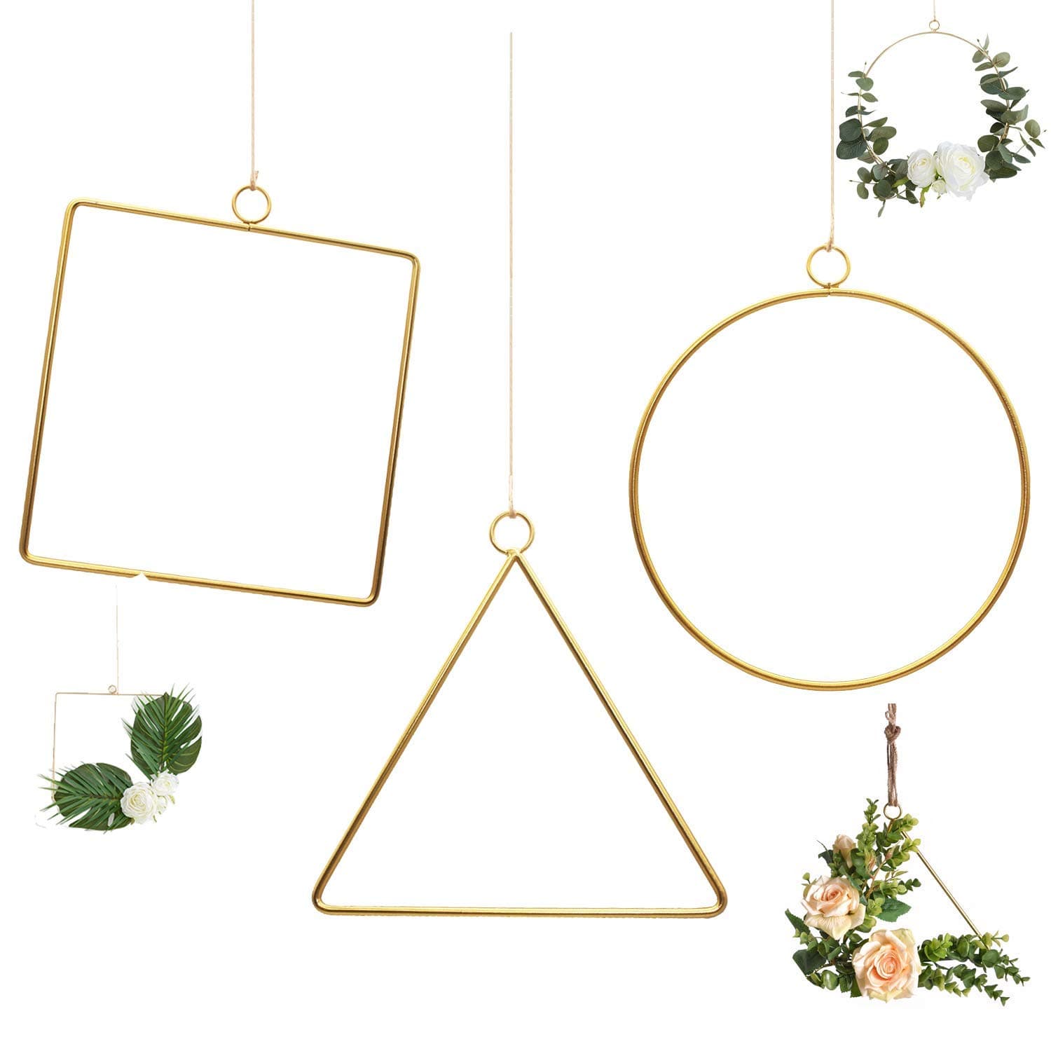 JUNICON Jun Pack of 3 Gold Finished Metal Round Triangle Square Hoop Wreath Frame Set for DIY Flower Arrangement, Crafts, Dreamcatcher Rings and Macrame Hoops, with Jute Twine as Gift