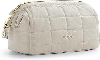 Makeup Bag Cosmetic Bag Wide Open, Beige, M, Wide-open Travel Makeup Bag With Puffy Padded and Rectangular Quilted
