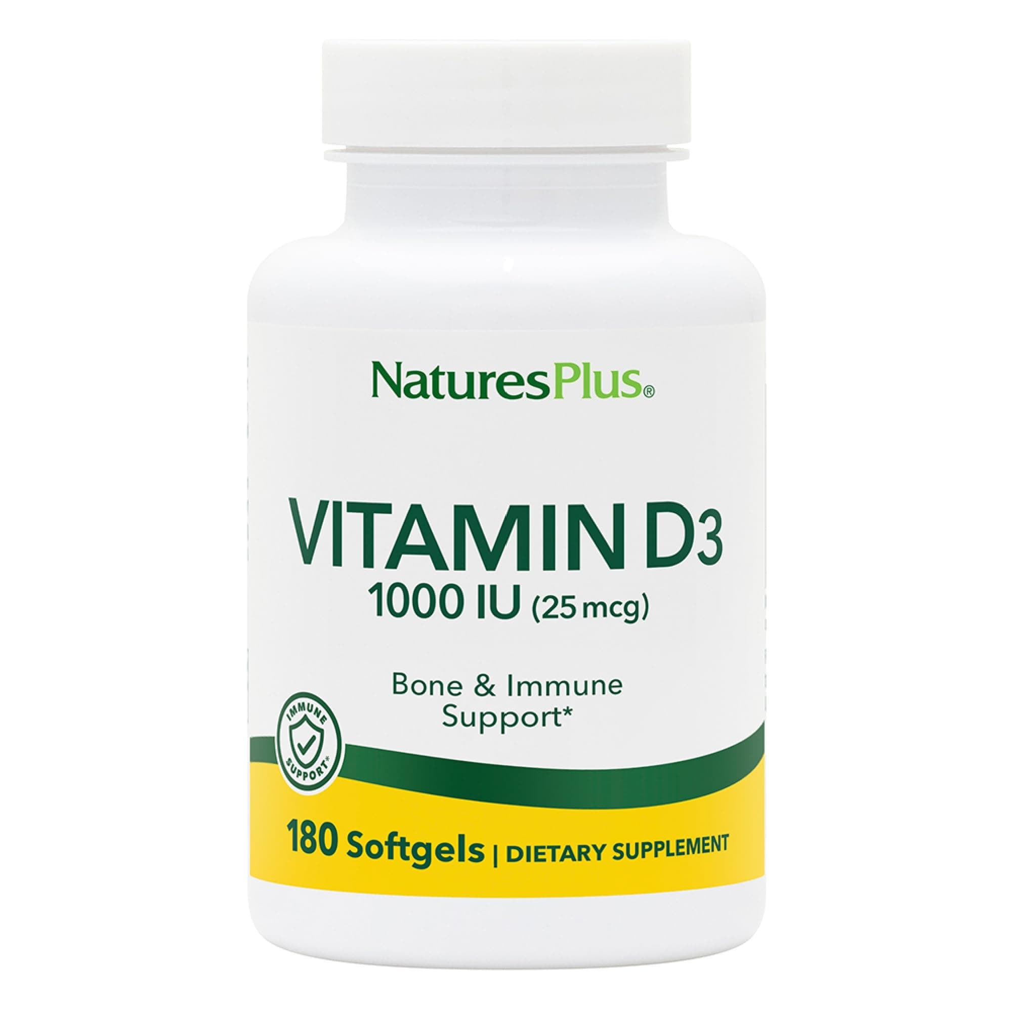 NaturesPlus Vitamin D3 1000 IU - 180 Softgels - Bone Strength & Immune Support - 180 Servings