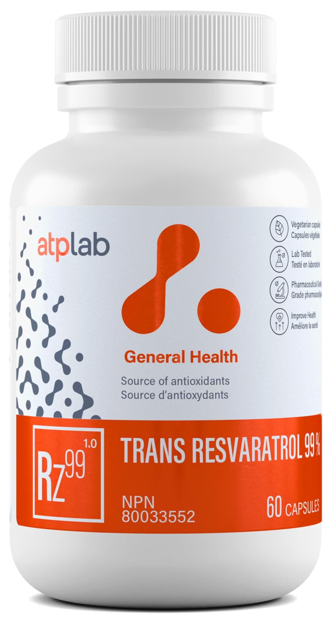 ATP LAB - Trans Resveratrol 60 Capsules 60-Day Supply - Source of Antioxidants - Improve Immune System, Cardiovascular Health and Enhance Skin Health - Non-GMO and Gluten-Free