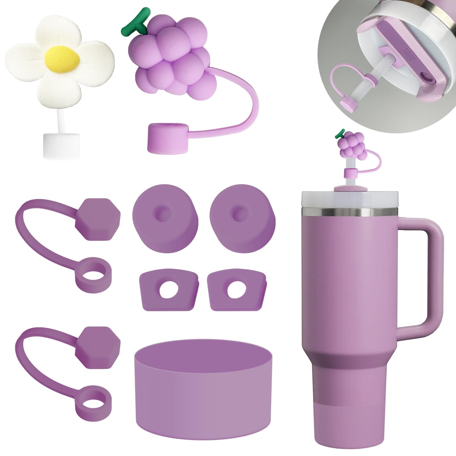 Lilac Silicone Stanley Cup Accessories Set: 6 Pcs Spill Proof Stopper, 2 Pcs Straw Cover Cap, 1 Pcs Silicone Boot for Stanley 40oz & 30oz Tumbler