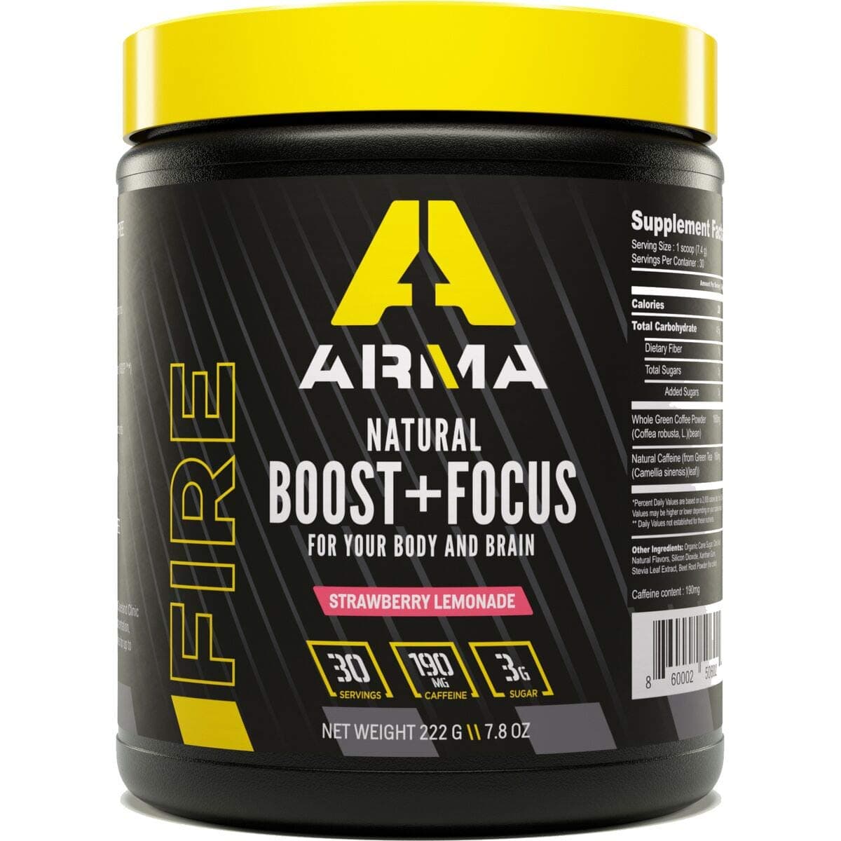 Arma Sport FIRE - Pre Workout for Stamina, Energy, & Focus - Patented Formula with 190mg of Green Bean Coffee Caffeine - for Cognitive Function - Up to 6 Hours of Pure Energy - Strawberry Lemonade