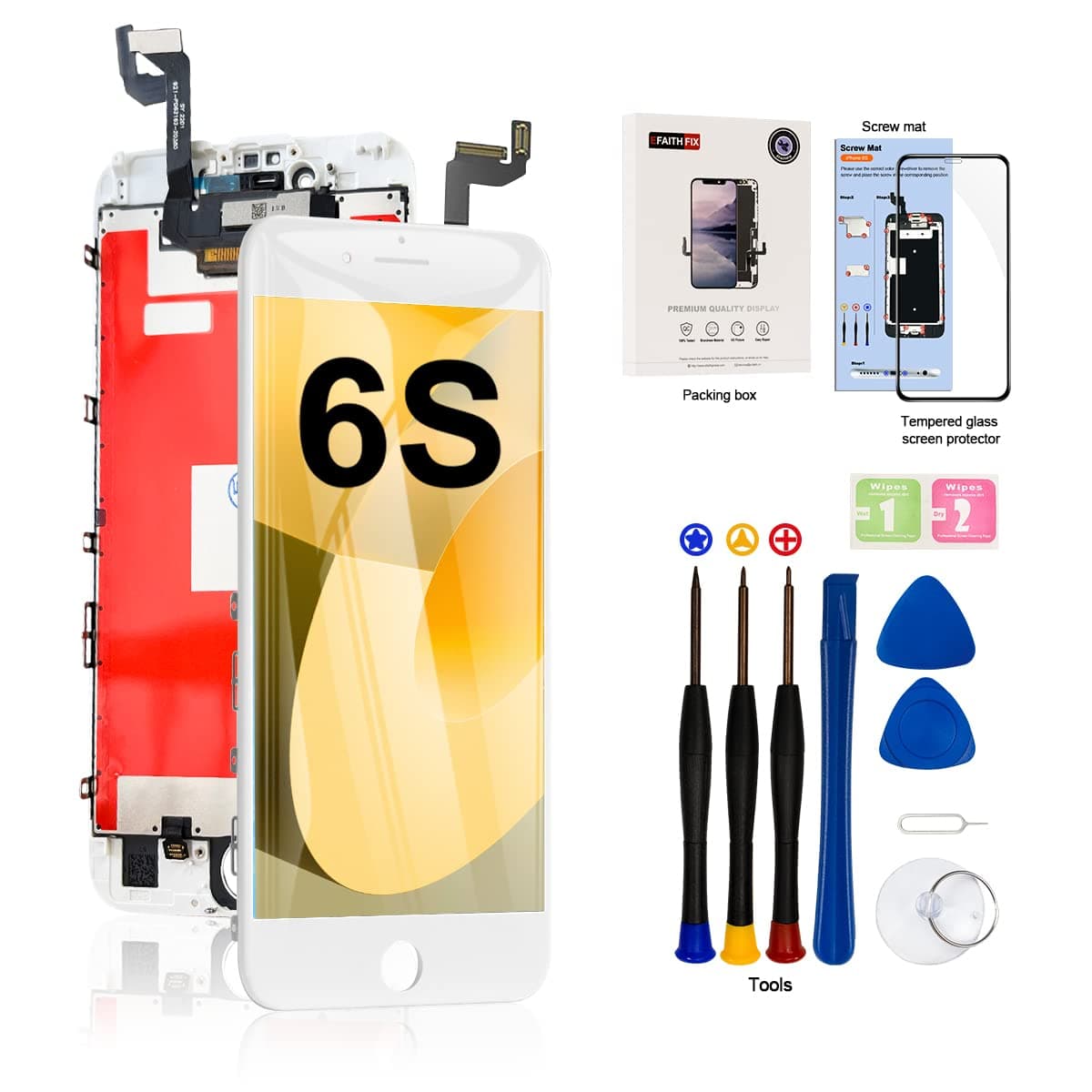EFAITHFIX for iPhone 6S LCD Screen Replacement Black 4.7 Inch Frame Assembly Display 3D Touch Screen Digitizer with Repair Tools Kit Tempered Glass Screen Protector for A1633, A1688, A1700 (White)