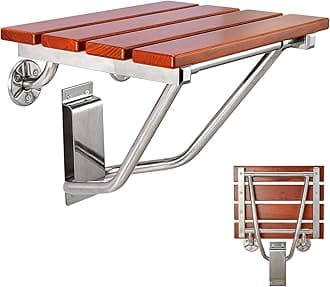Teak Wood Folding Shower Seat and Bench, Wall Mounted, 350lb Capacity, Foldable Shower Chair for Small Spaces