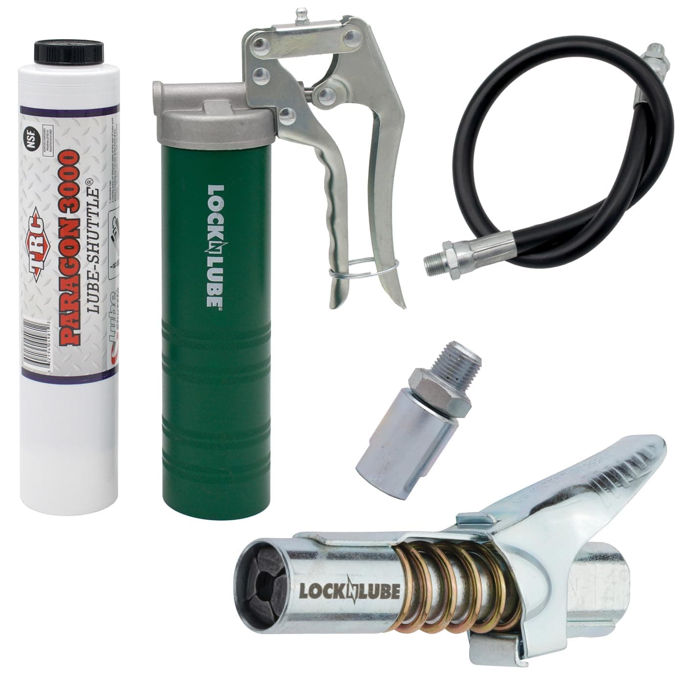 Spin-On Pistol-Grip Grease Gun Kit. Includes: 1 Tube Grease, The Grease Coupler Plus a Heavy-Duty 20" Grease Hose and in-line Hose Swivel.