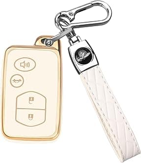 QBUC for Toyota Key Fob Cover with Keychain, Car Key Case Protection for Toyota Fit for Camry Avalon Corolla Highlander Prius RAV4 Venza, Key Fob Protector Accessories (Gold-White)