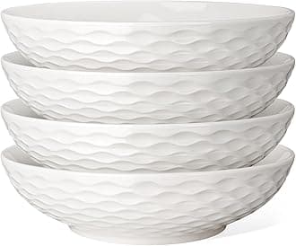 Pasta Bowls 32oz, Ceramic Large Salad Bowls Set Serving Bowl of 4 for Soup, Entertaining, Pasta, Noodle, Dinner, Wide Shallow Microwave Dishwasher Safe, 8 inch, Embossed Wave