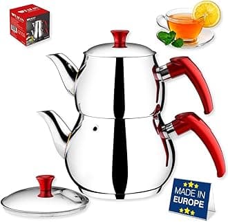 Hakan Teapot Set with Self Strainer Double Lids, Stainless Steel Mini Double Bondy Tea Pot Set, Turkish Samovar Style, Tea Kettle for Loose Leaf Tea with Bakelite Handle | 0.84 + 1.26 Qt.