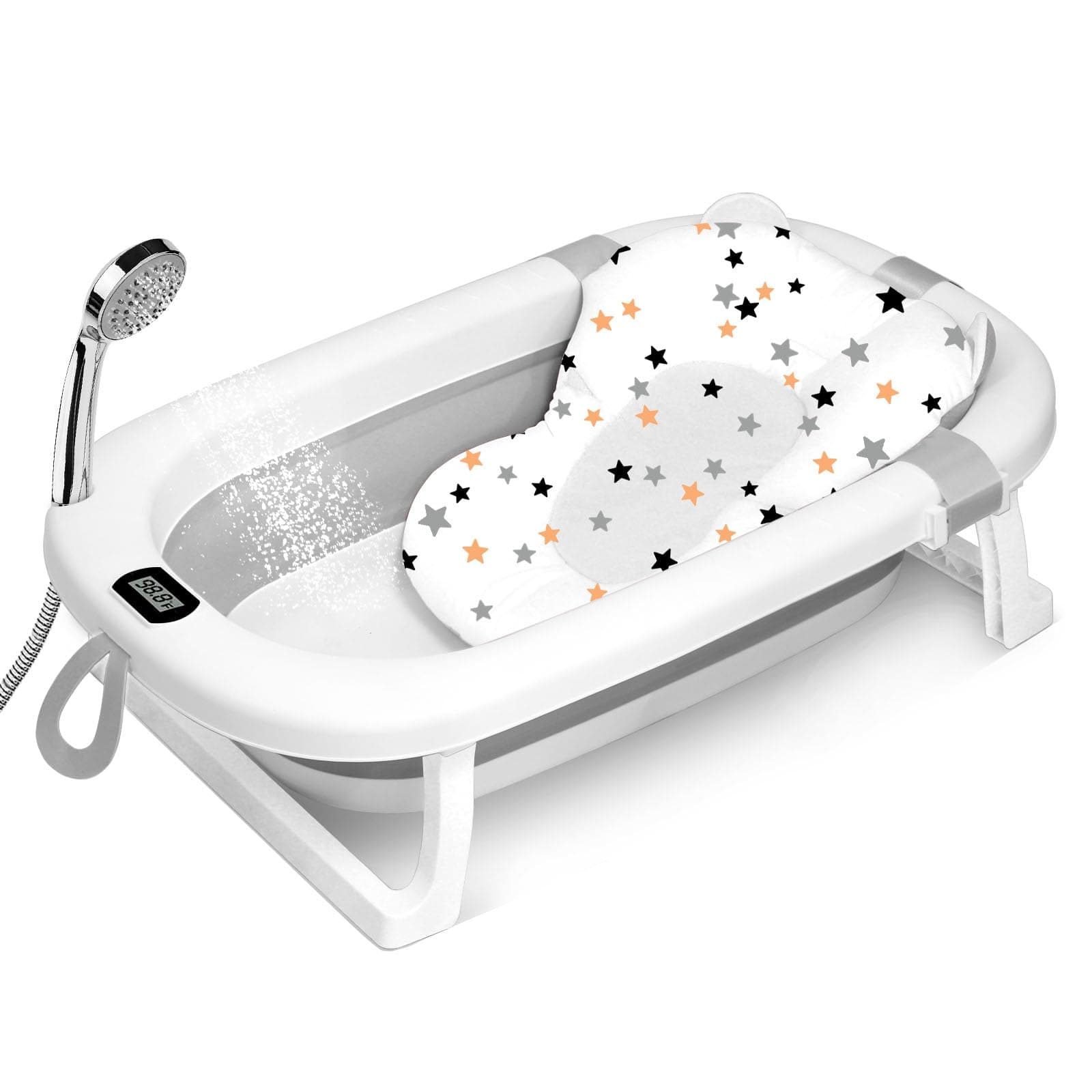 SKY-TOUCH Baby Foldable Bathing Tubs with Soft Bathmat Cushion & Thermometer, NewBorn Babybath Tub with Drain Hole, Non-Slip Support Leg for 0-6 Years Boy Girl (Grey)