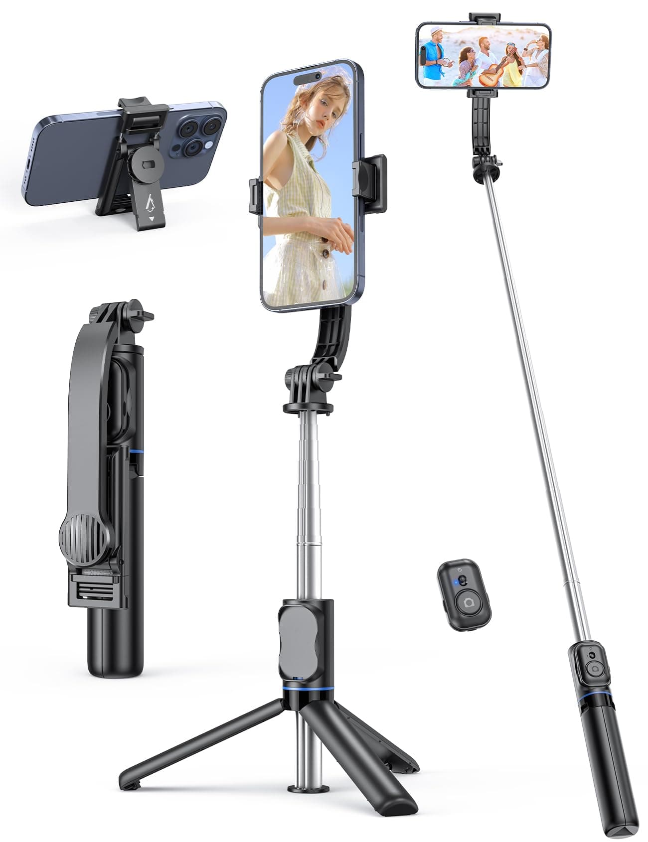 Selfie Stick Tripod with Detachable Phone Holder, 41.7" Extendable Phone Tripod with Remote, 360° Rotatable Selfie Stick For iPhone, Samsung, and Android Smartphones (Black)