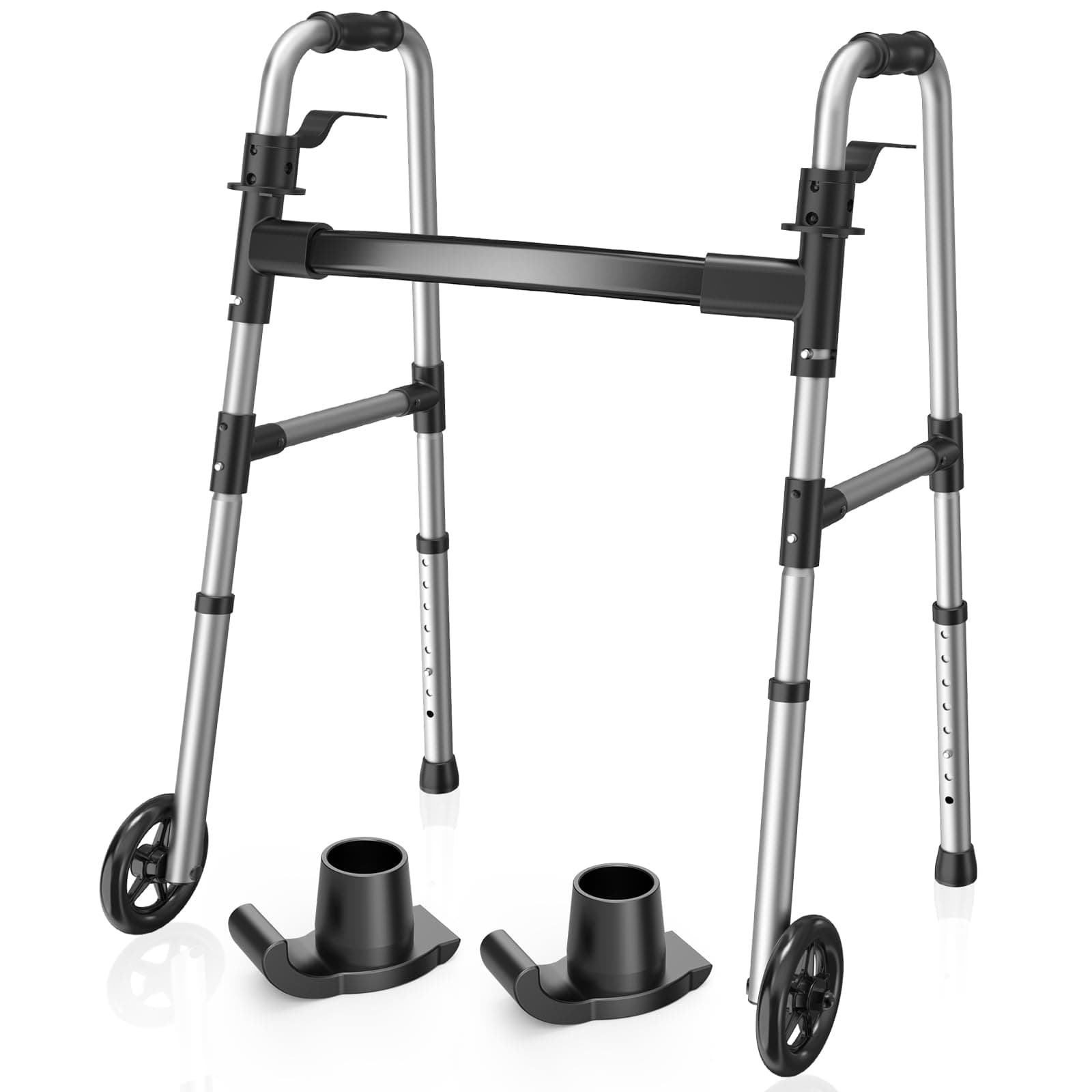 Folding Walker with 2 Skis and 5" Wheels, Lightweight Walkers for Seniors and Adults, Supports Up to 350 Pounds, Adjustable Height, Compact Standard Walker, Black