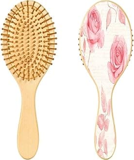 Pink Roses Wooden Hair Brush with Ergonomic Wooden Paddle,Growth Detangling Hair Brush for Thick/Thin/Curly/Dry Hair, Massage Scalp Hairbrush for Women Men and Kids