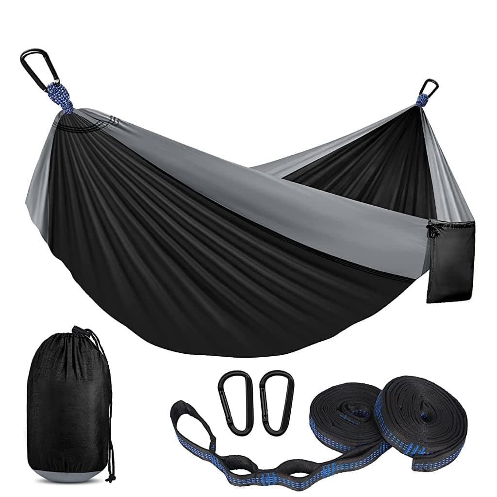 Supvox® Camping Hammock for Outdoor Activities With 2 Fixing Straps, Swing for Adults Kids, Portable Ultralight Nylon for Travel Beach Trekking, Maximum 200kg Load (275 x 140cm, Black)