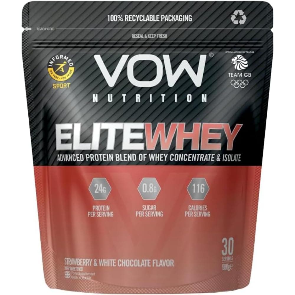 VOW Nutrition Elite Whey Protein, Whey Isolate, Whey Concentrate, 30 Servings, Premium Protein with Naturally Occurring BCAAs, Informed Sports Approved (900g, Strawberry & White Chocolate)