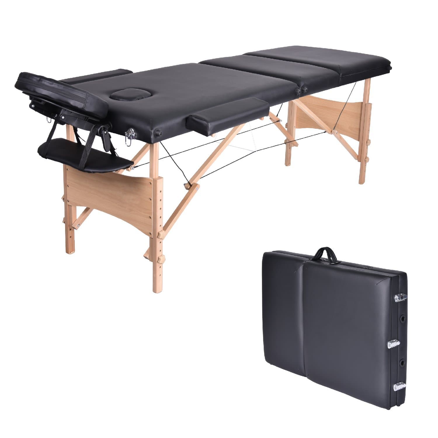 Portable 3 Section Wooden Massage Table Lightweight Adjustable Height Professional Folding Massage Bed Beauty Spa Treatment Couch, Free Headrest, Armrest, Carry Bag, Black